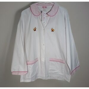 NWT Lounge Set Womens Sz L White Oxford Cotton Pink Trim Hand Embroidered Bunny